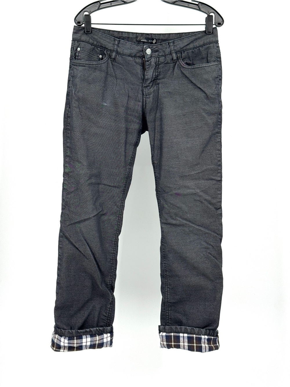Prana Women's Straight Leg Jeans in Black with plaid flannel lining
